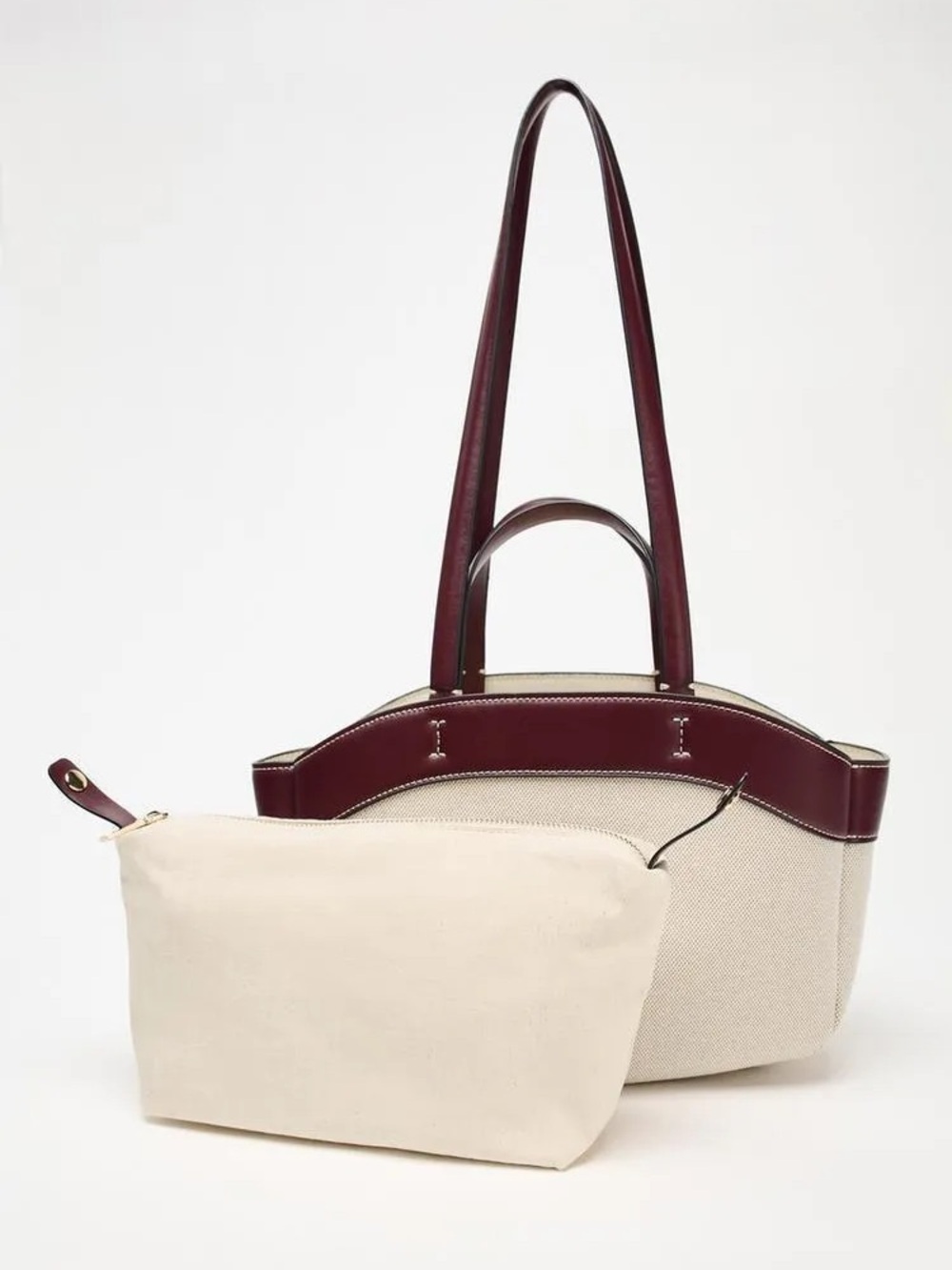 Zara Cream Canvas Shoulder Tote with Burgundy Leather Trim Shopper